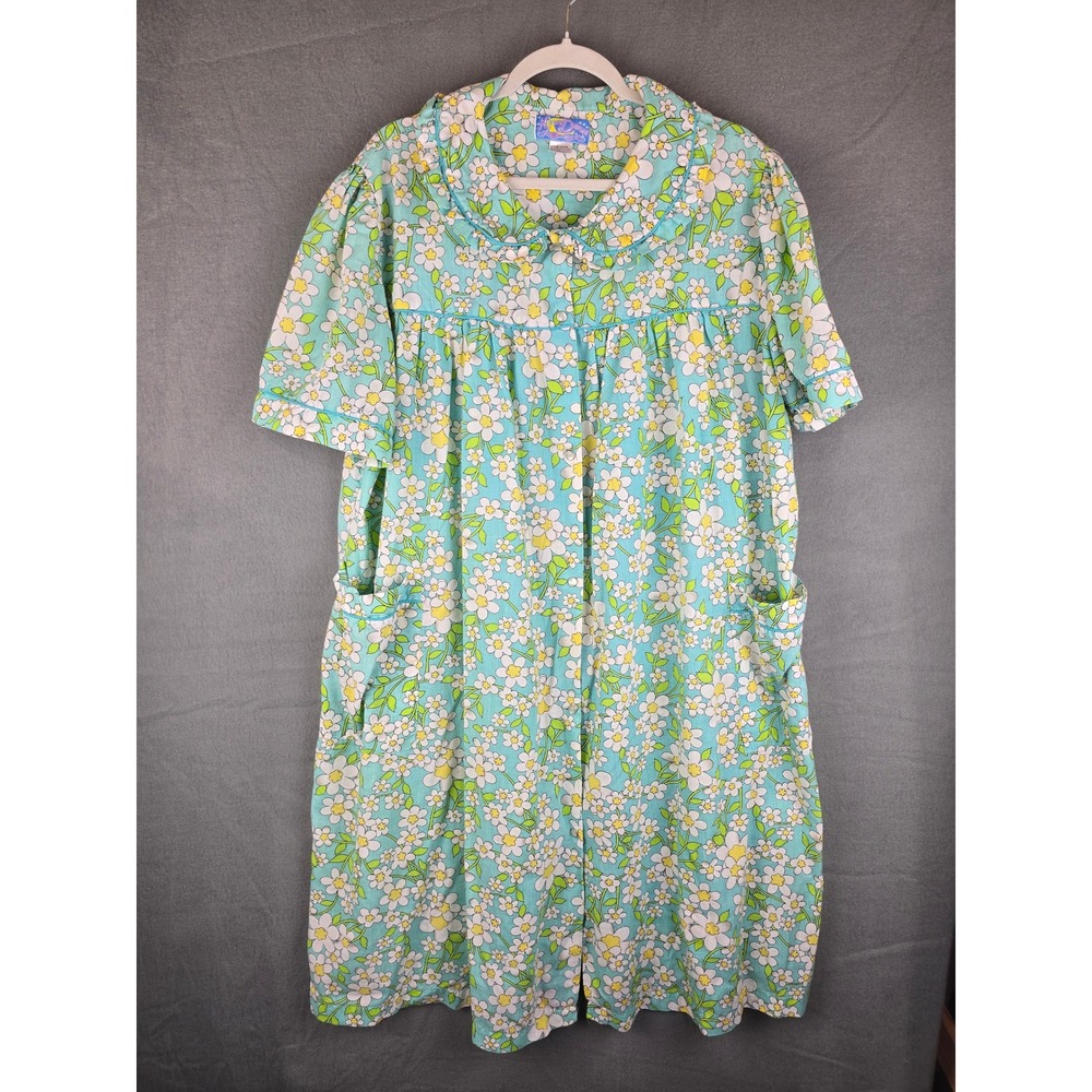 Moon Dance Women's House Dress 2X Blue Floral Pearl Snap Vintage Grandmacore